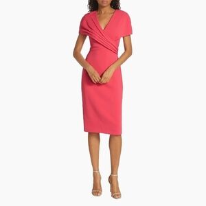 Badgley Mischka Watermelon Pink Coral Pleated Sleeve V-Neck Sheath Midi Dress